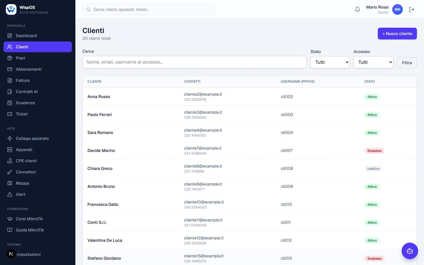 Elenco clienti in WispOS con contatti, username di accesso e stato