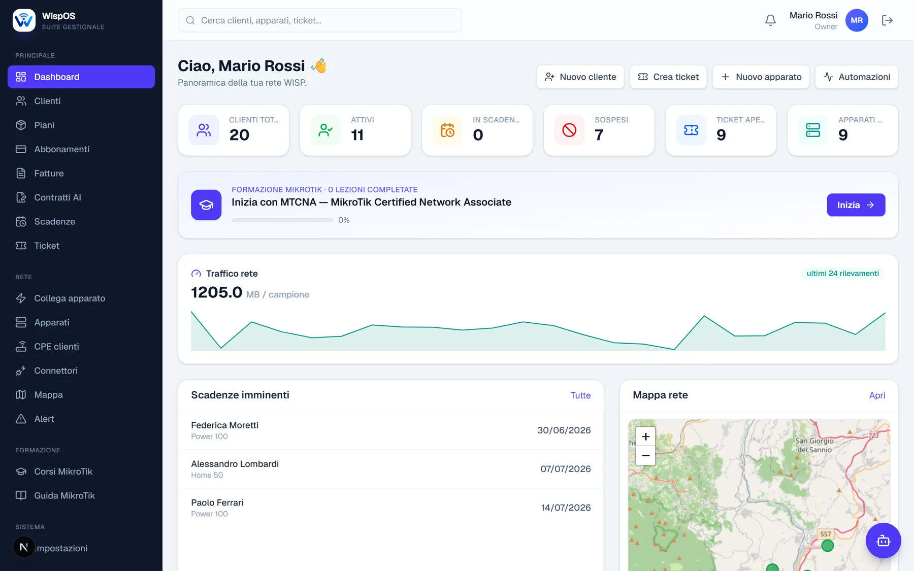 Dashboard WispOS con riepilogo dei ticket aperti